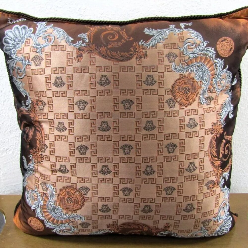 Gianni Versace Designer Brown Tan Medusa 27.5" Square Decorative Pillow